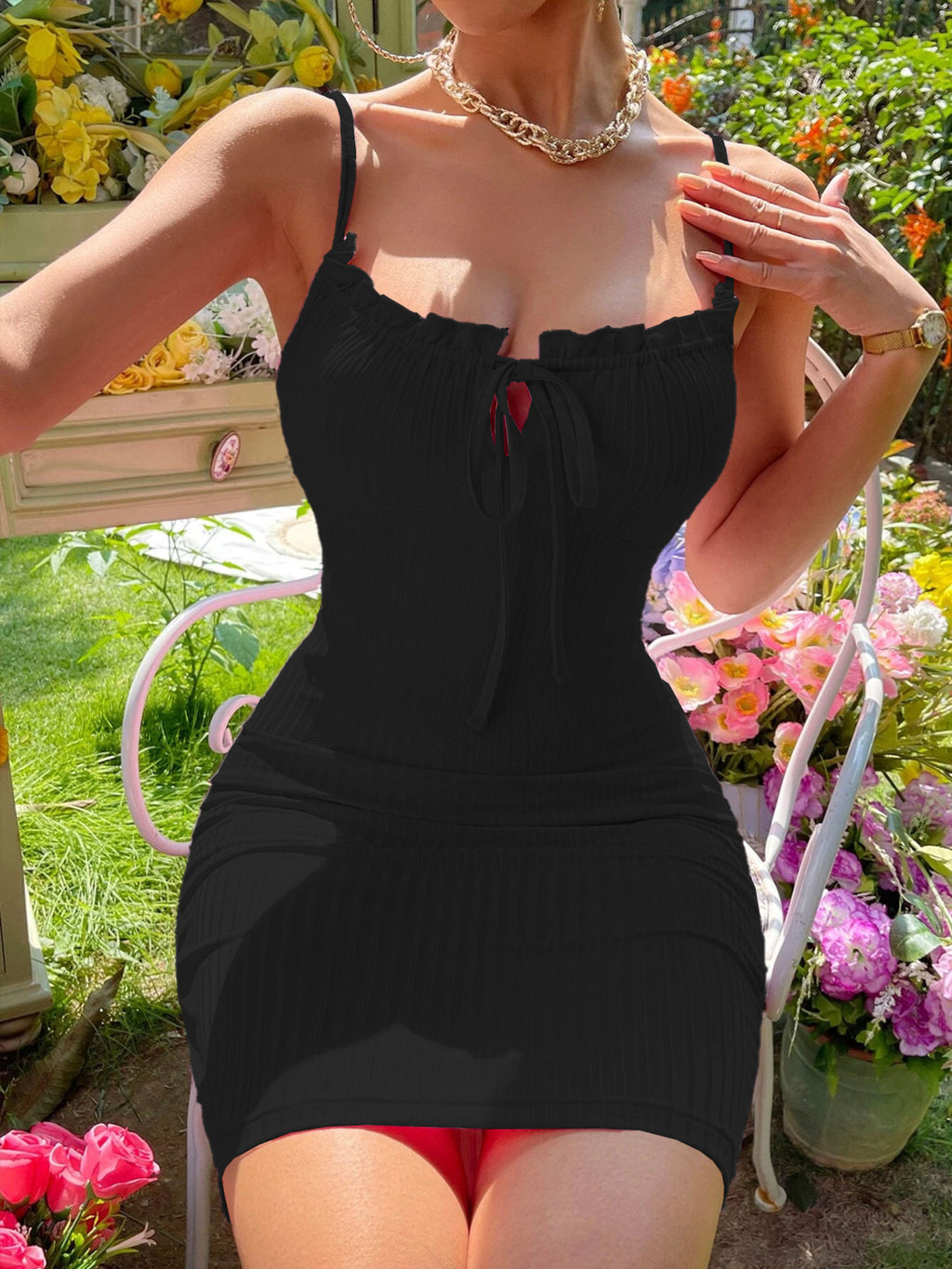 Ribbed knit tie-front bodycon mini dress - Godess beauty  #