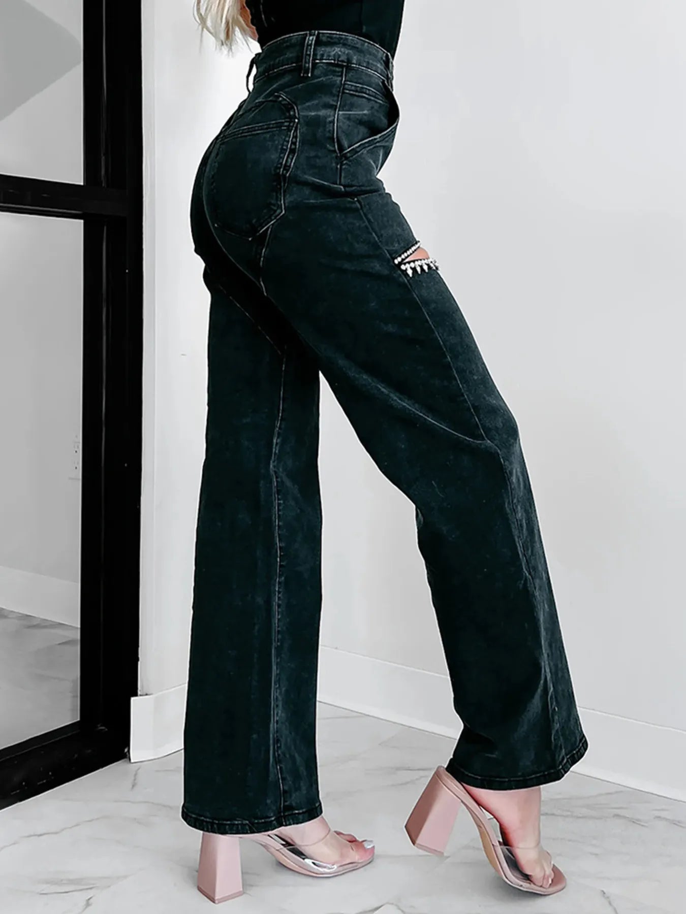 Ripped Wide Leg Wash Denim Jeans - Godess beauty  #