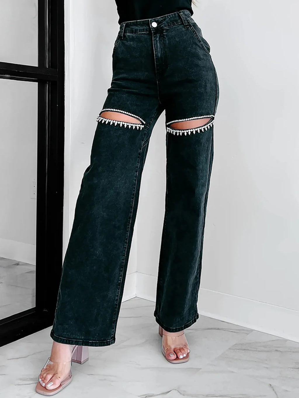 Ripped Wide Leg Wash Denim Jeans - Godess beauty  #