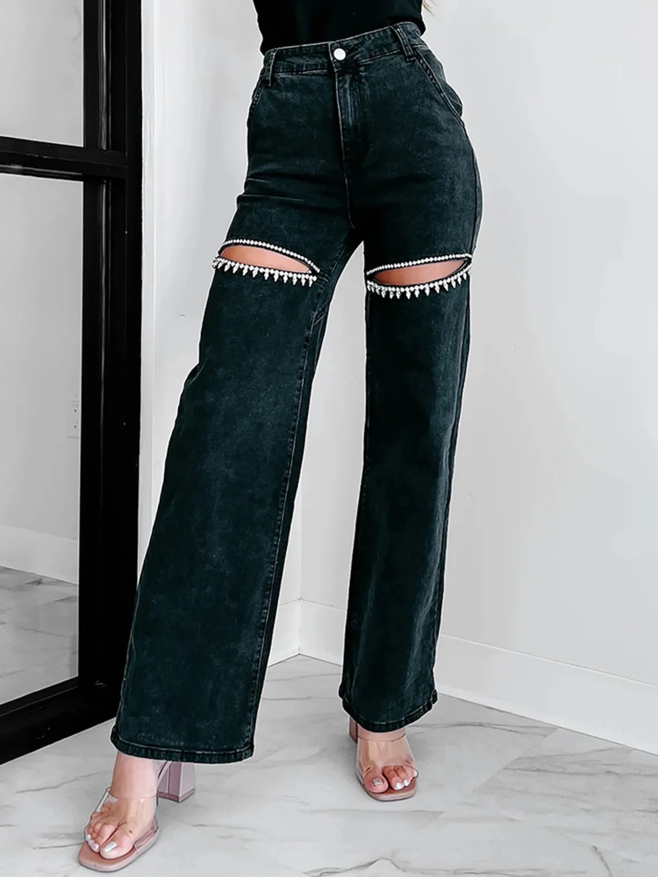 Ripped Wide Leg Wash Denim Jeans - Godess beauty  #