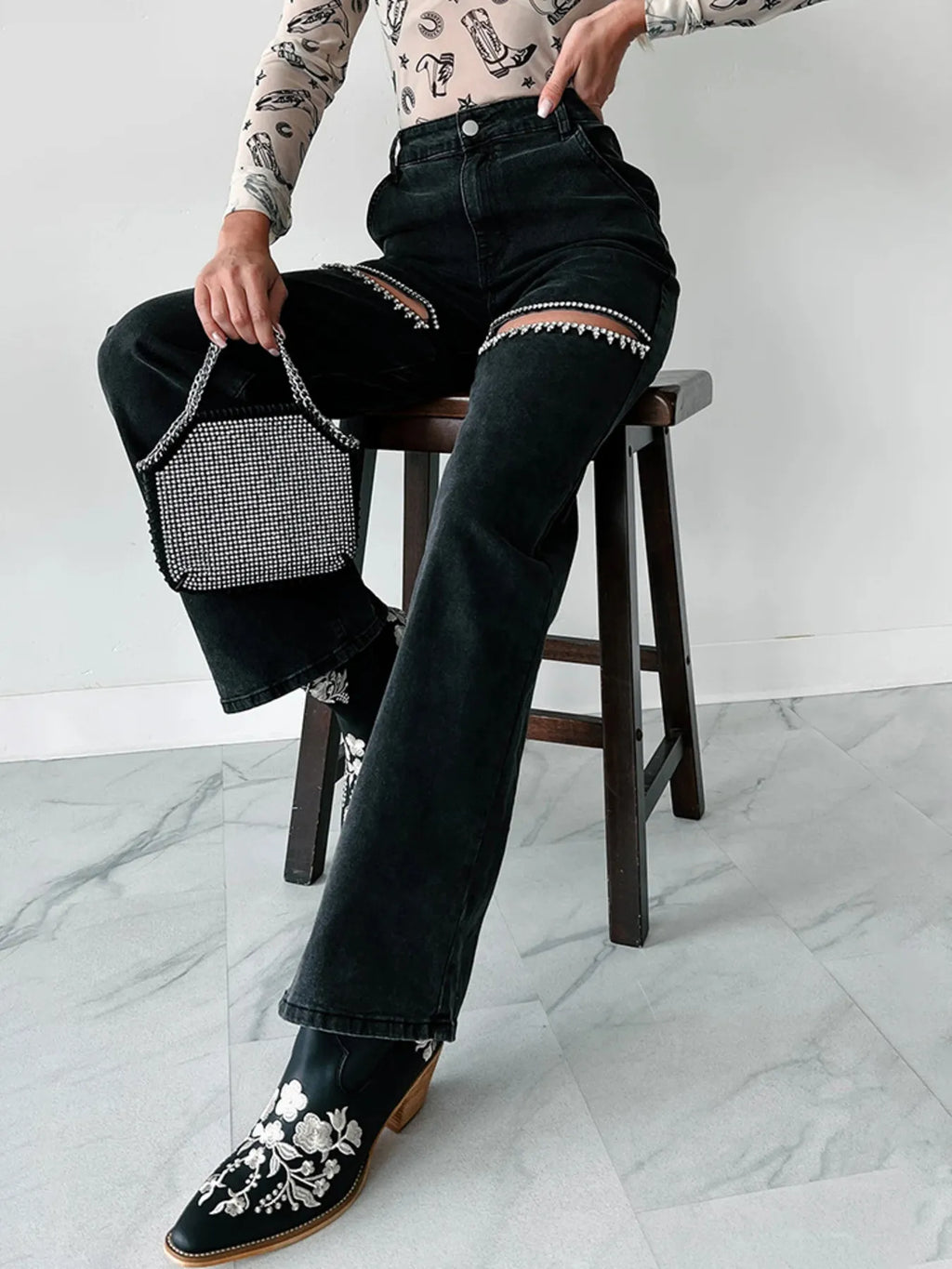 Ripped Wide Leg Wash Denim Jeans - Godess beauty  #