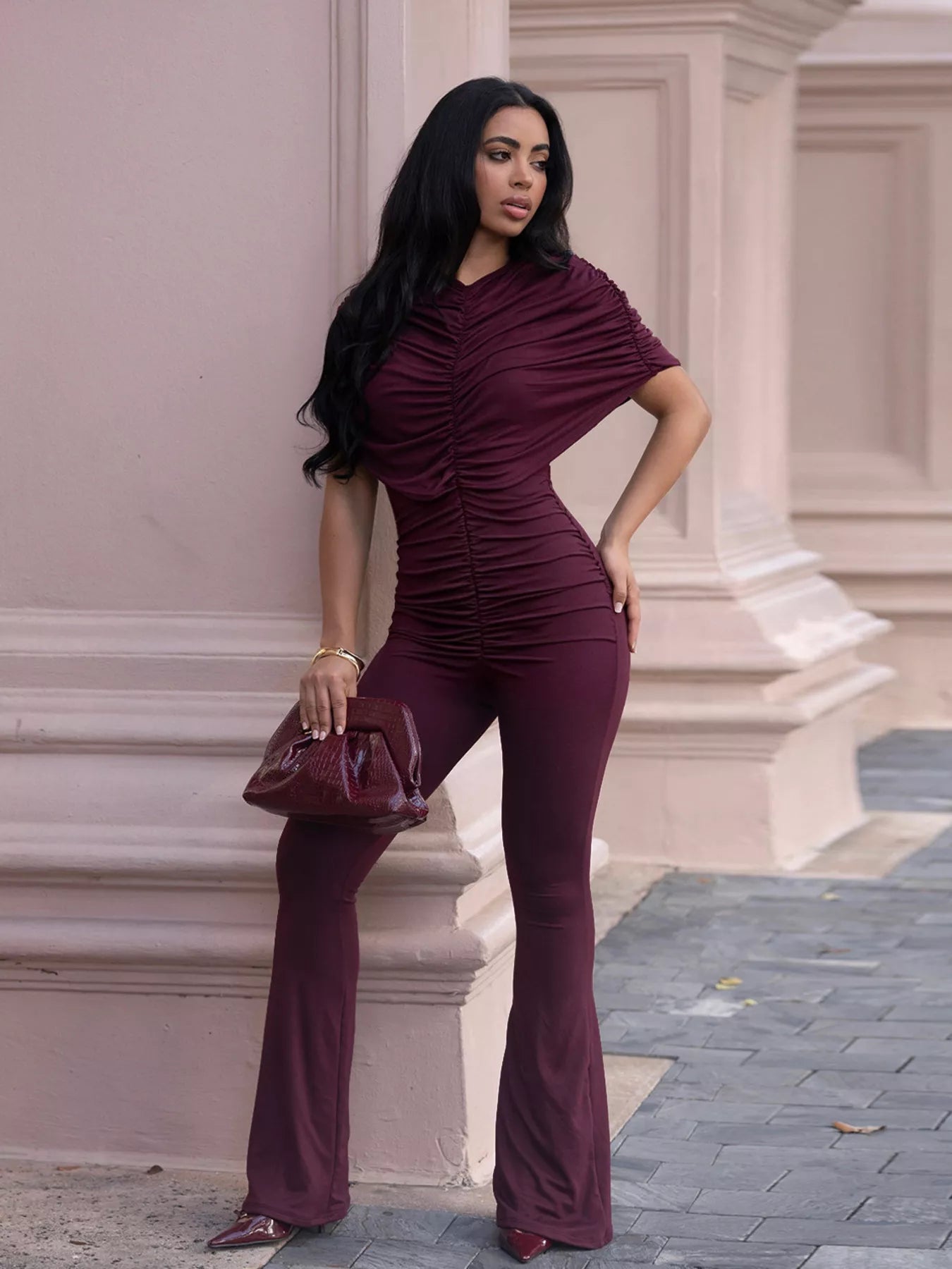 Ruched Flare Leg Jumpsuit - Godess beauty  #