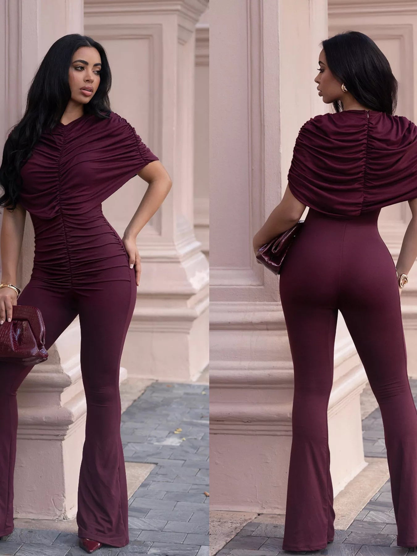 Ruched Flare Leg Jumpsuit - Godess beauty  #