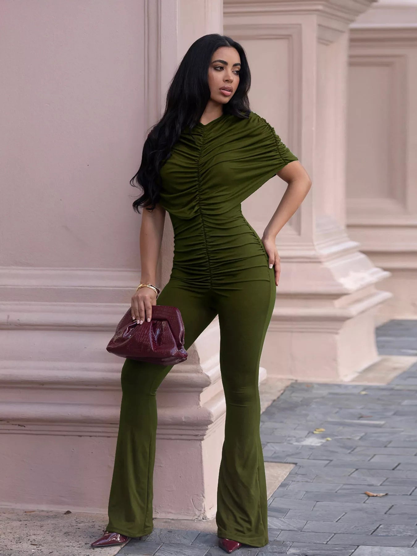Ruched Flare Leg Jumpsuit - Godess beauty  #