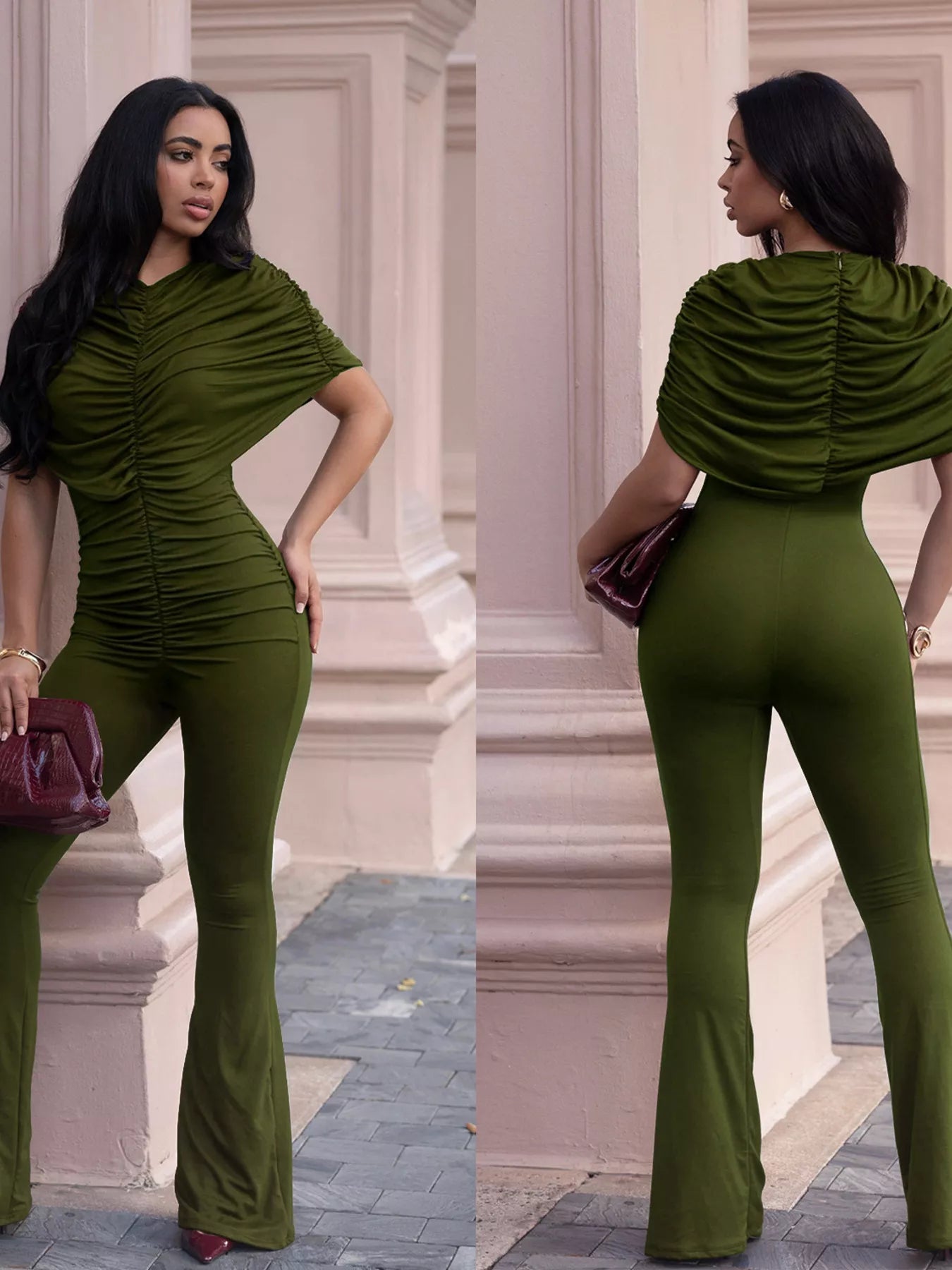 Ruched Flare Leg Jumpsuit - Godess beauty  #
