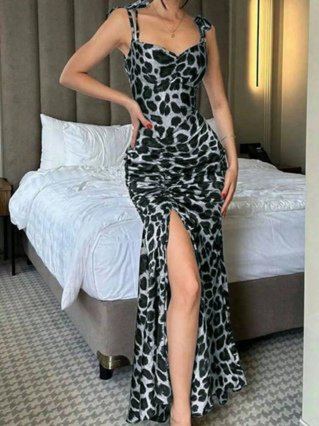 Ruched Slit Sweetheart Neck Cami Dress - Godess beauty  #