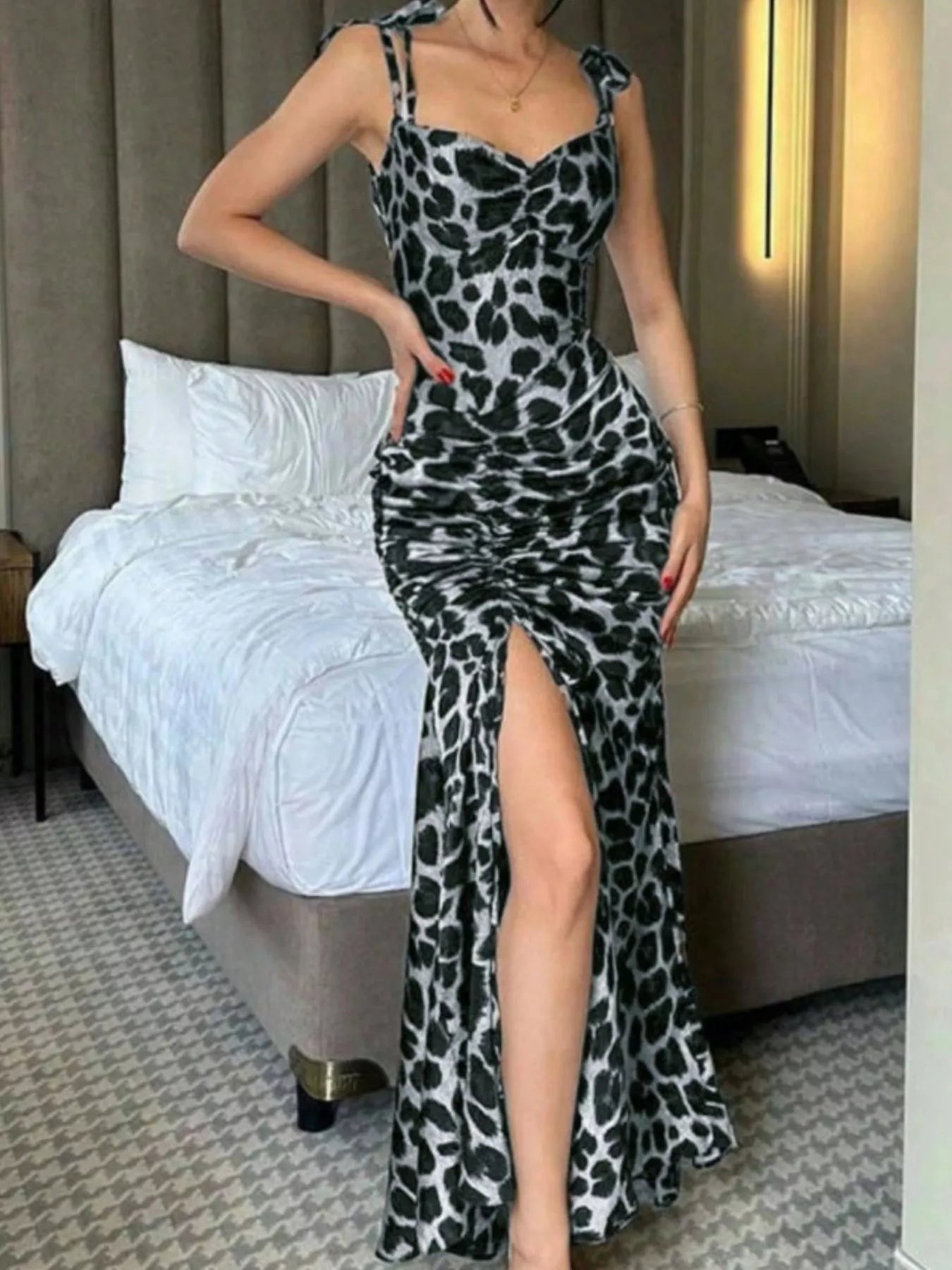 Ruched Slit Sweetheart Neck Cami Dress - Godess beauty  #