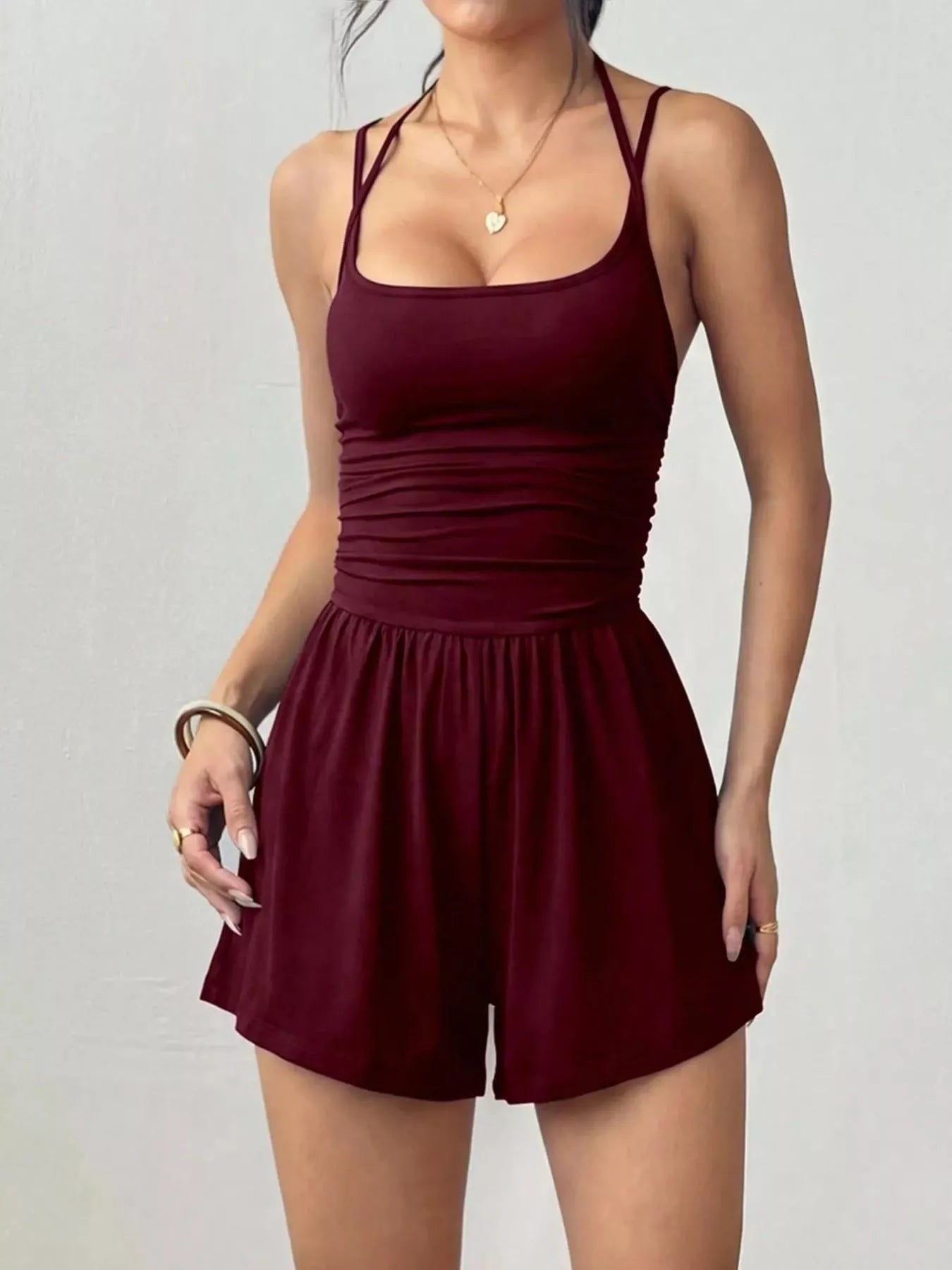 Ruched Spaghetti Strap Romper - Godess beauty  #