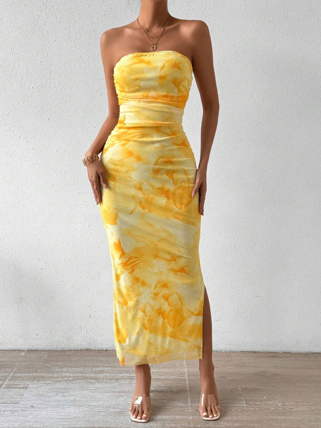 Ruched Strapless Bodycon Midi Dress - Godess beauty  #