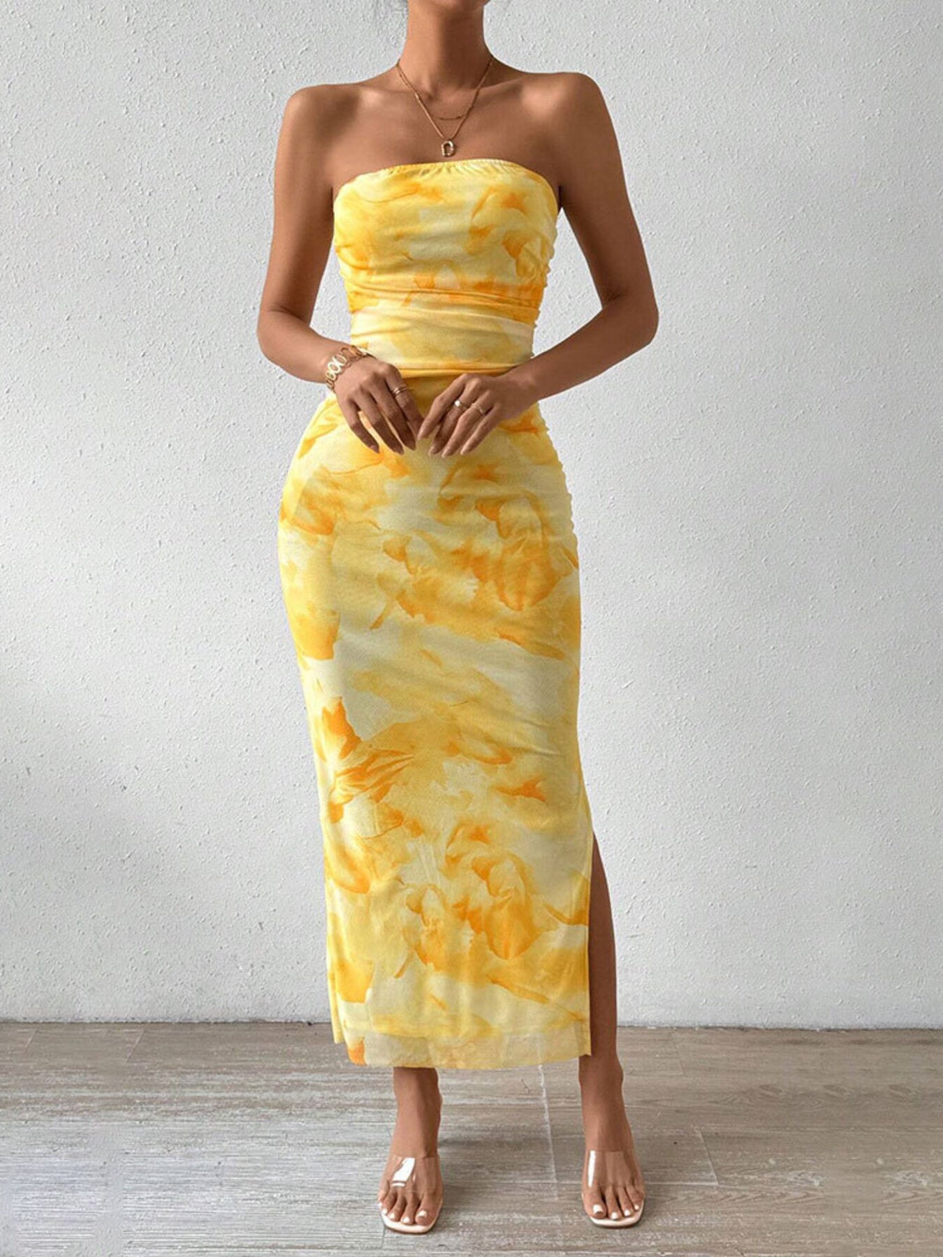 Ruched Strapless Bodycon Midi Dress - Godess beauty  #