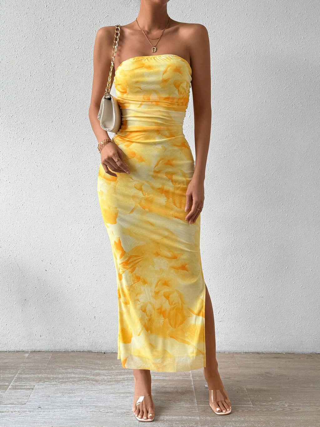 Ruched Strapless Bodycon Midi Dress - Godess beauty  #