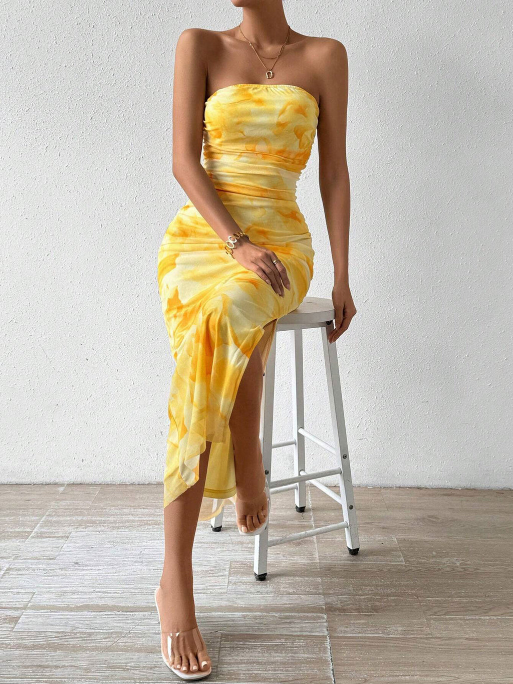 Ruched Strapless Bodycon Midi Dress - Godess beauty  #