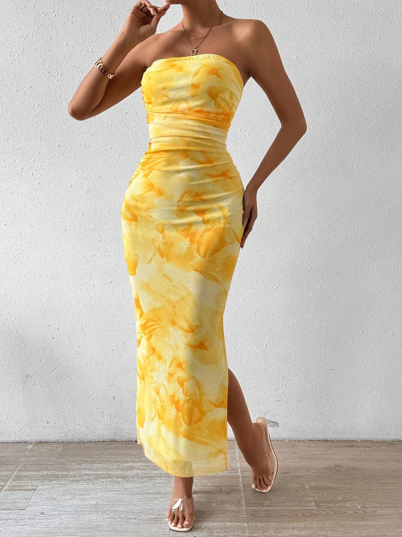 Ruched Strapless Bodycon Midi Dress - Godess beauty  #