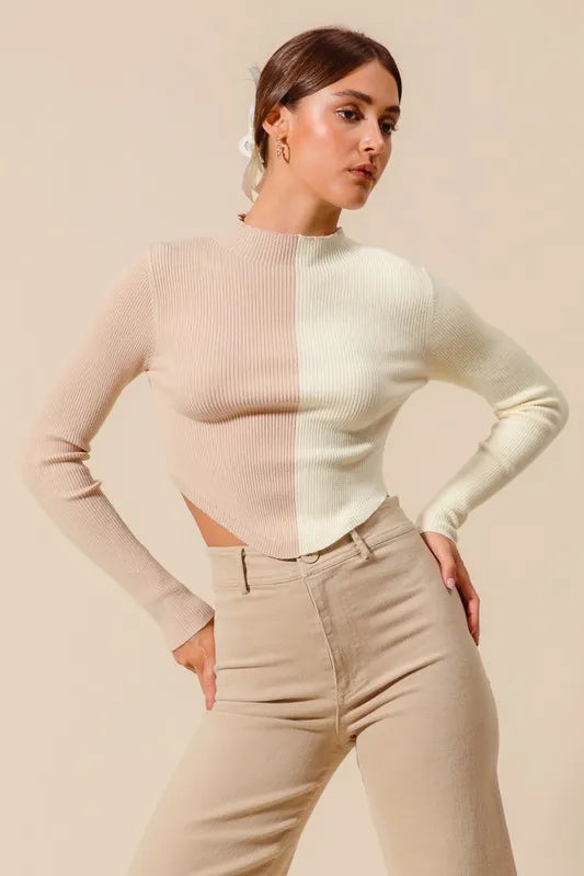 SO ME Color Block Fitted Crop Sweater Top - Godess beauty  #