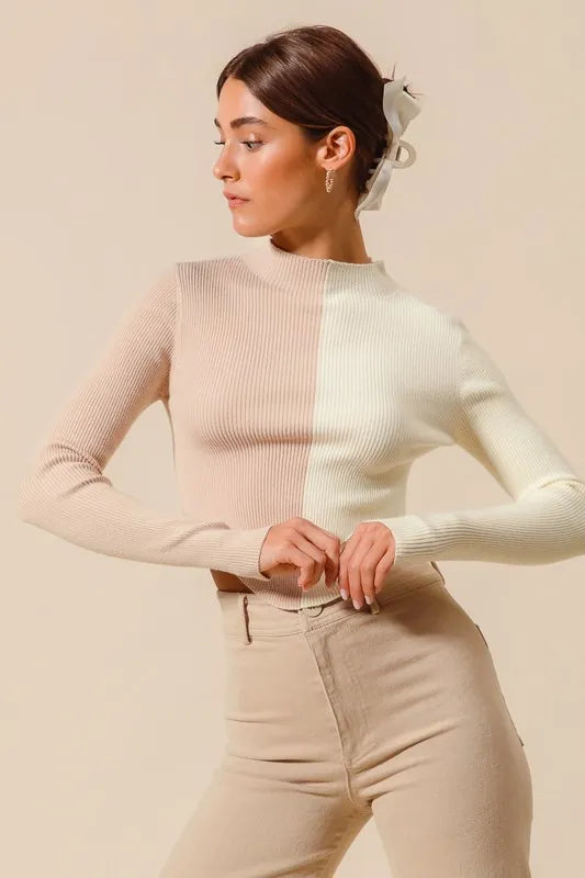 SO ME Color Block Fitted Crop Sweater Top - Godess beauty  #