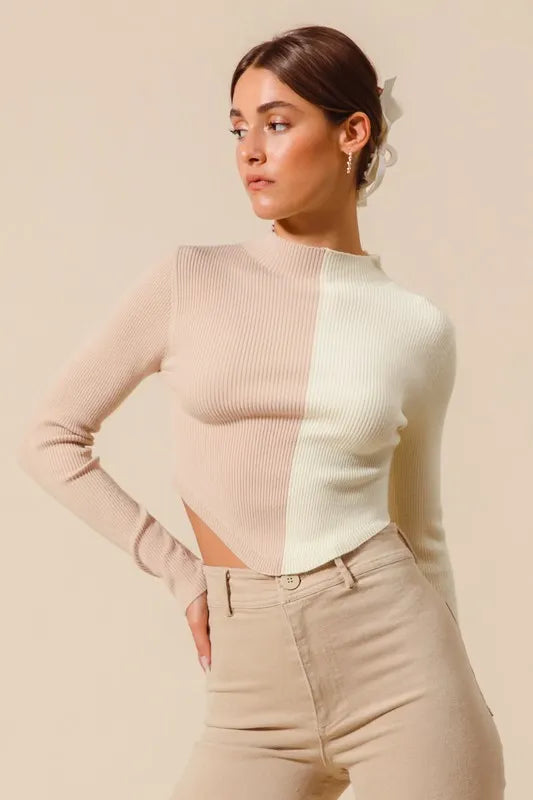SO ME Color Block Fitted Crop Sweater Top - Godess beauty  #