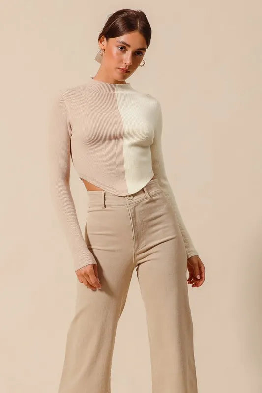 SO ME Color Block Fitted Crop Sweater Top - Godess beauty  #