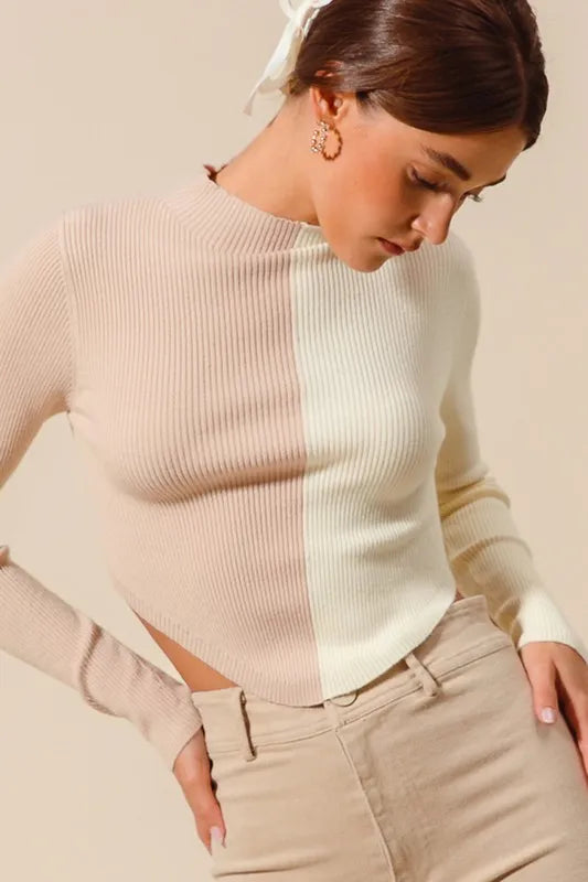 SO ME Color Block Fitted Crop Sweater Top - Godess beauty  #