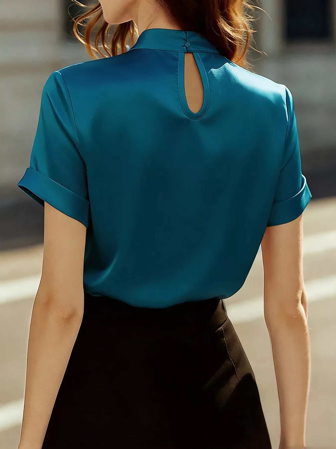 Satin Keyhole Short Sleeve Blouse - Godess beauty  #