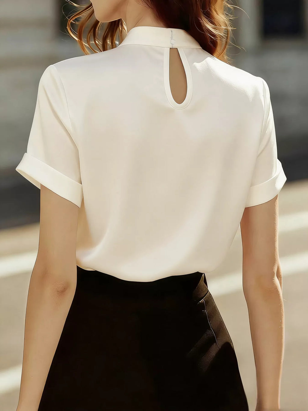 Satin Keyhole Short Sleeve Blouse - Godess beauty  #