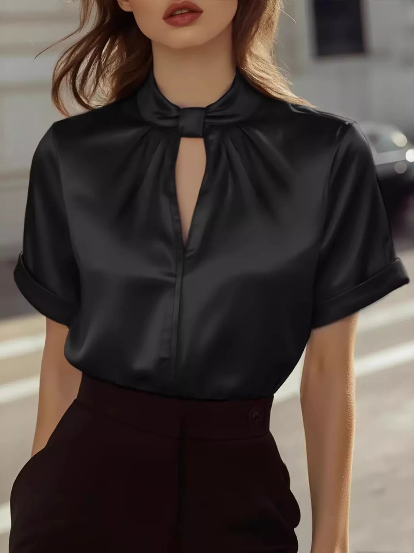 Satin Keyhole Short Sleeve Blouse - Godess beauty  #