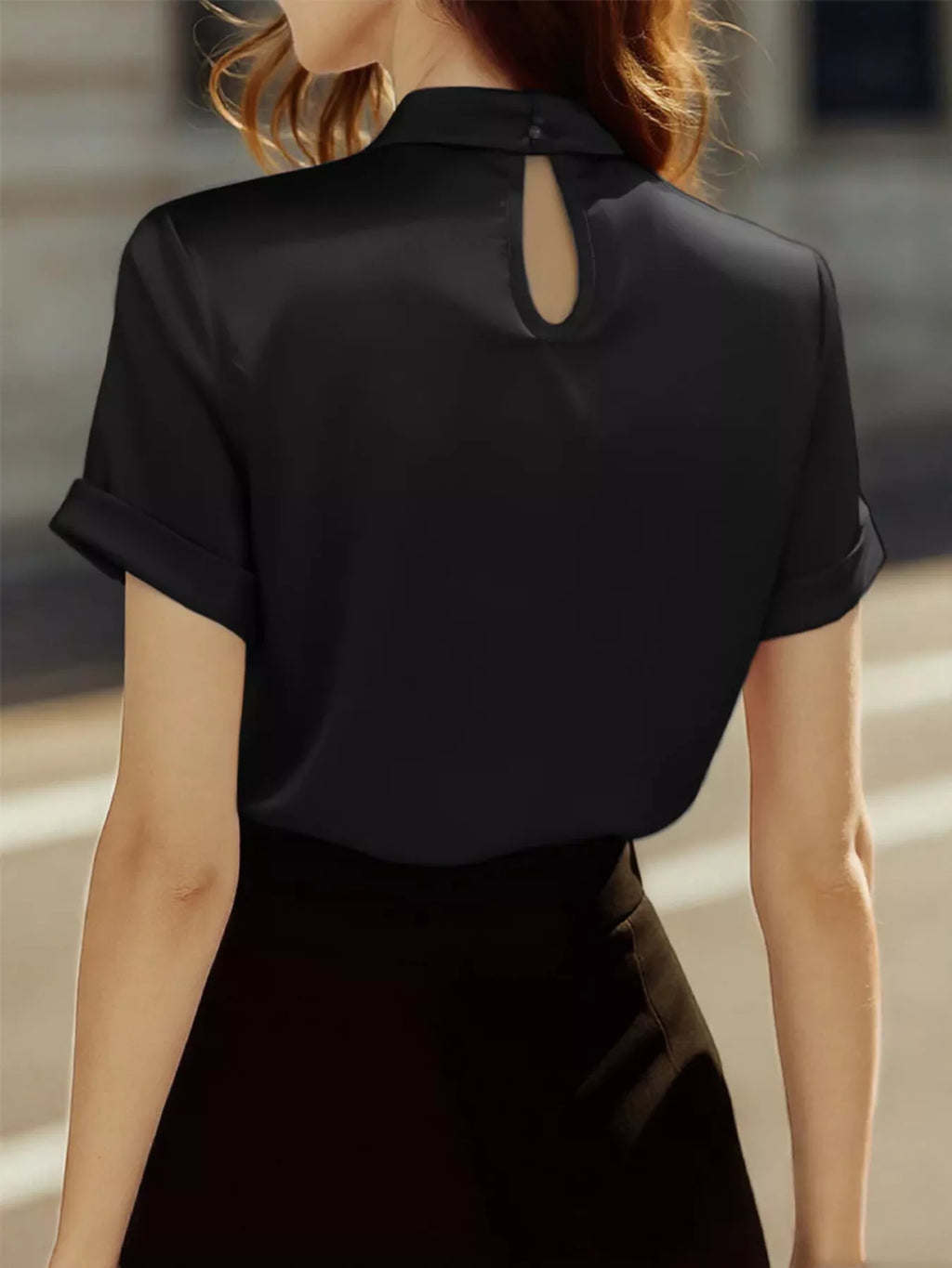 Satin Keyhole Short Sleeve Blouse - Godess beauty  #