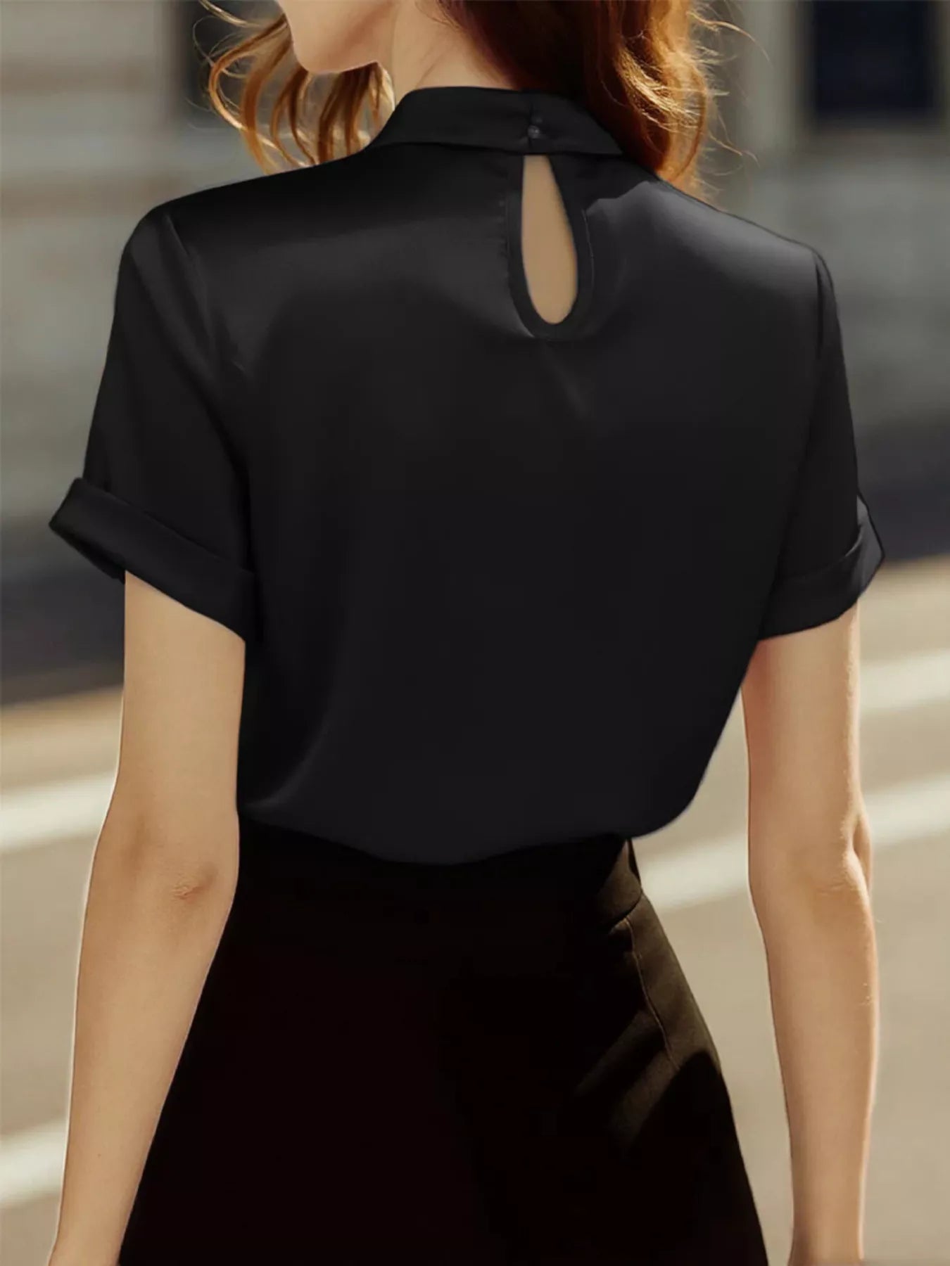 Satin Keyhole Short Sleeve Blouse - Godess beauty  #