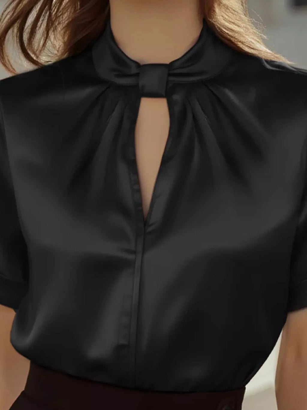 Satin Keyhole Short Sleeve Blouse - Godess beauty  #