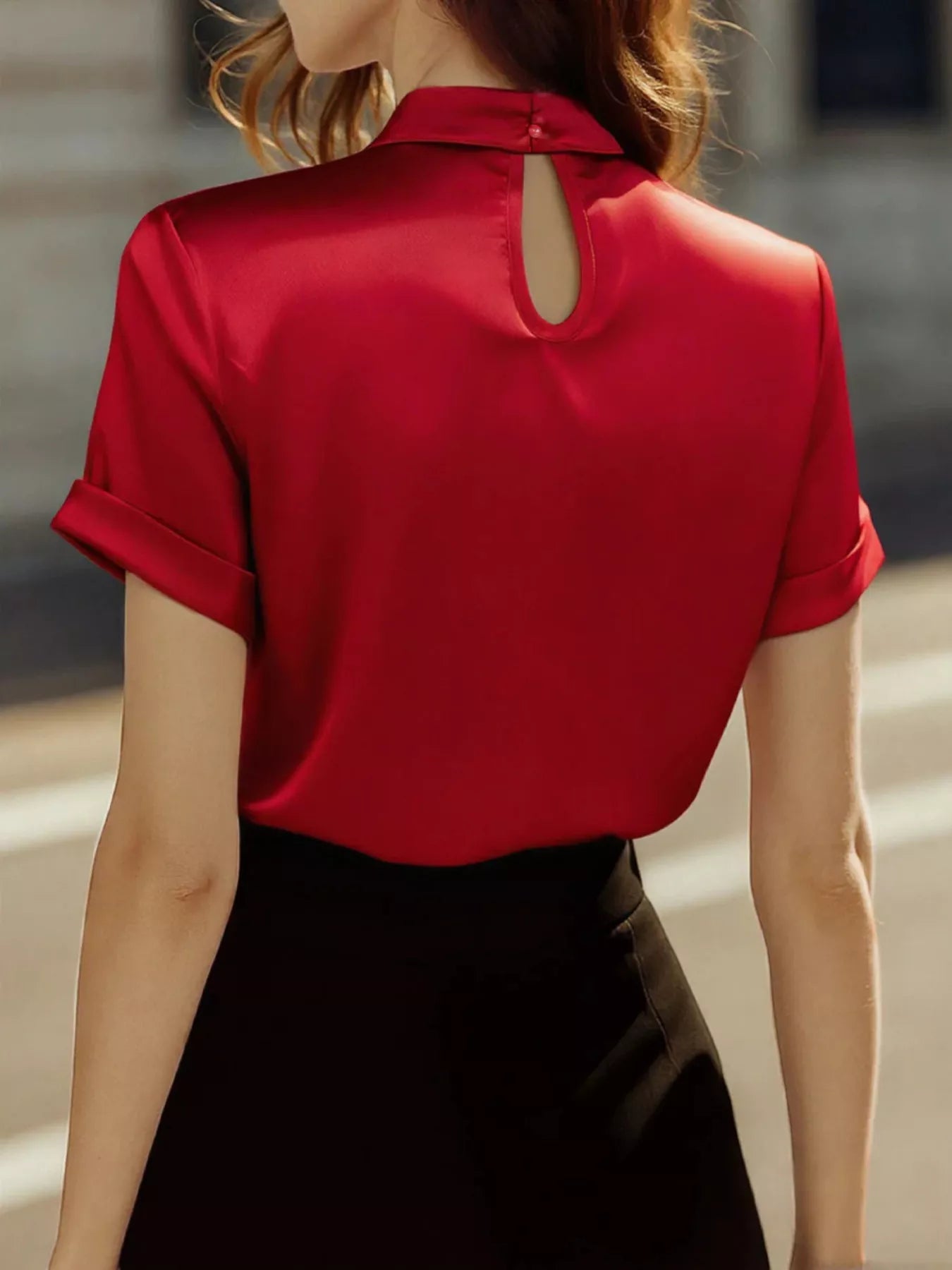 Satin Keyhole Short Sleeve Blouse - Godess beauty  #