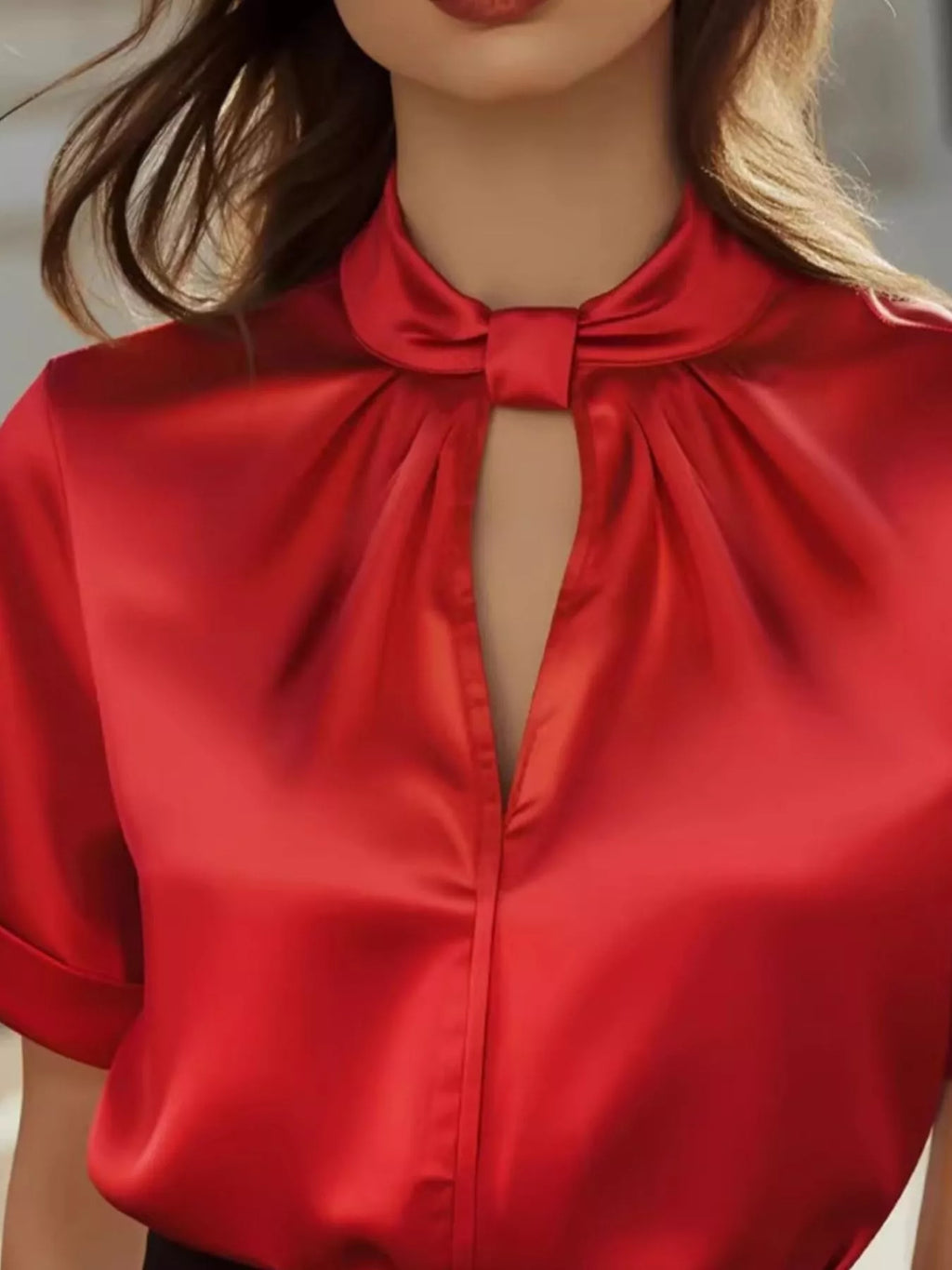 Satin Keyhole Short Sleeve Blouse - Godess beauty  #