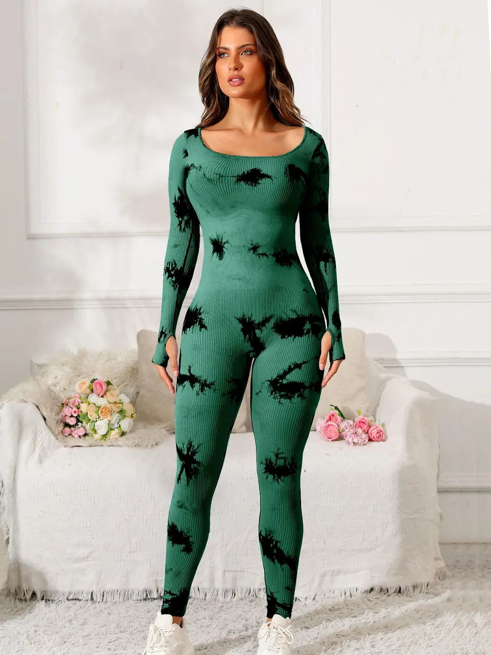 Scoop Neck Long Sleeve Active Jumpsuit - Godess beauty  #