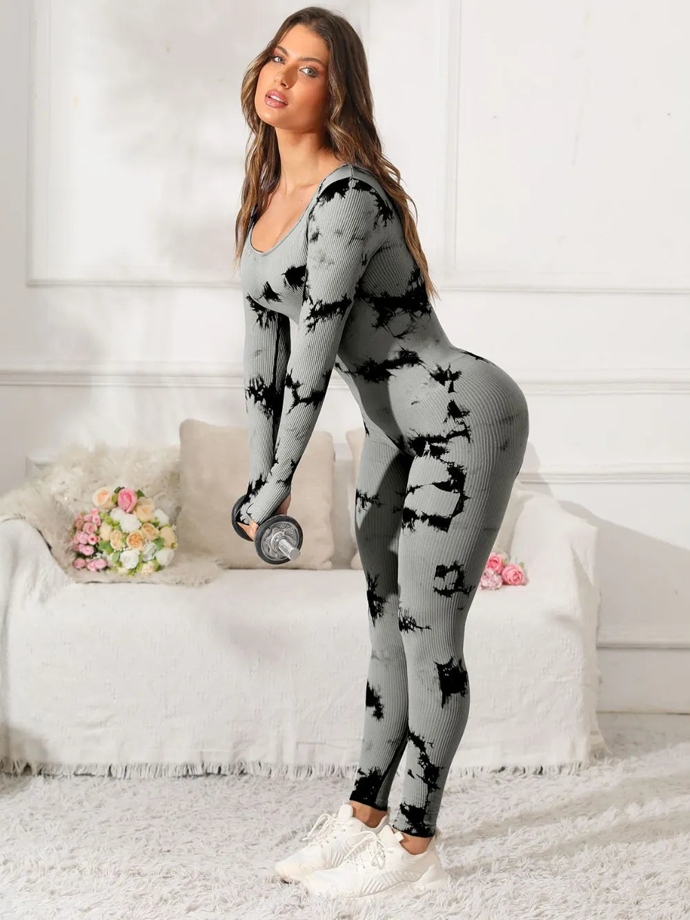 Scoop Neck Long Sleeve Active Jumpsuit - Godess beauty  #
