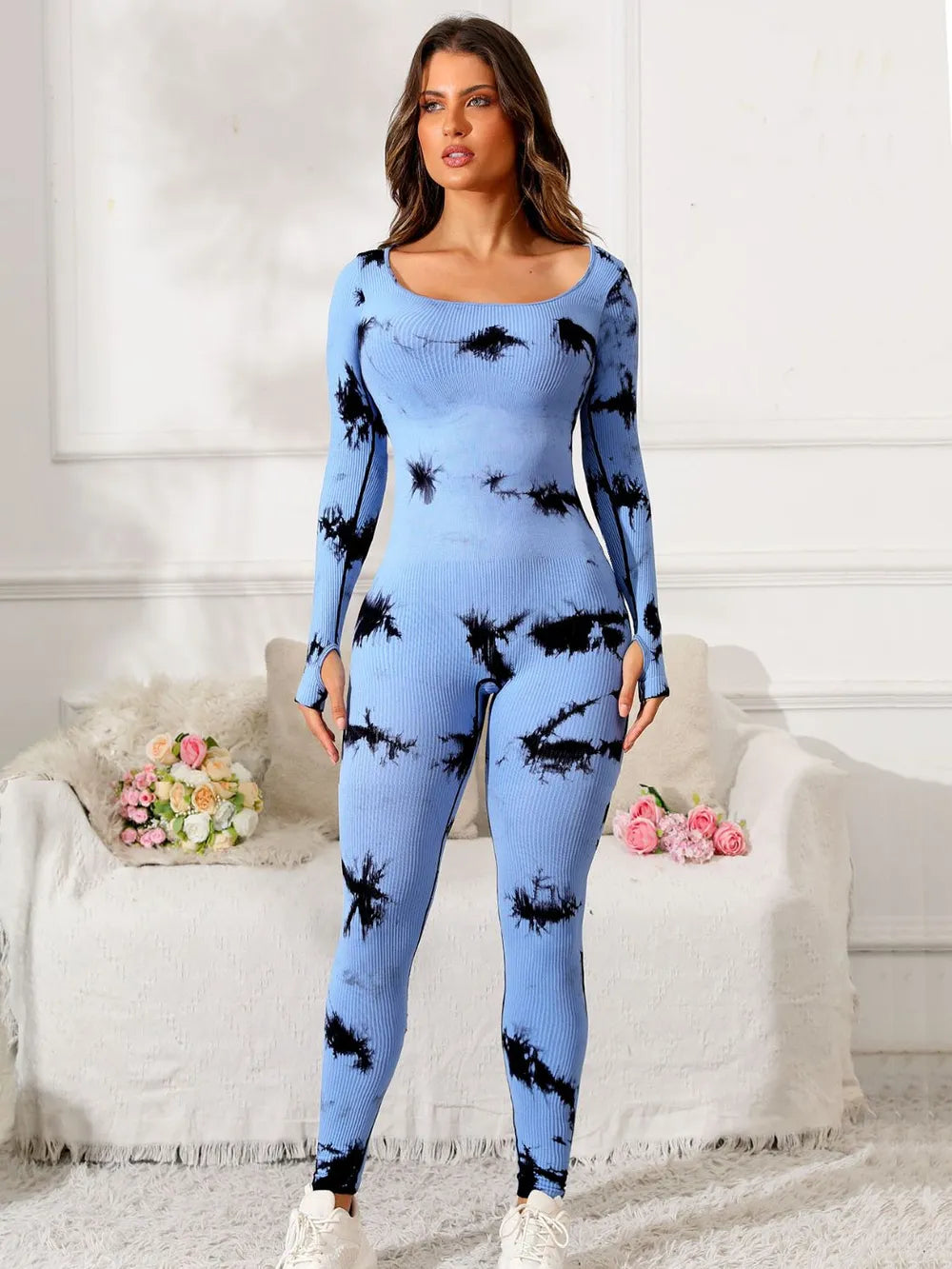 Scoop Neck Long Sleeve Active Jumpsuit - Godess beauty  #