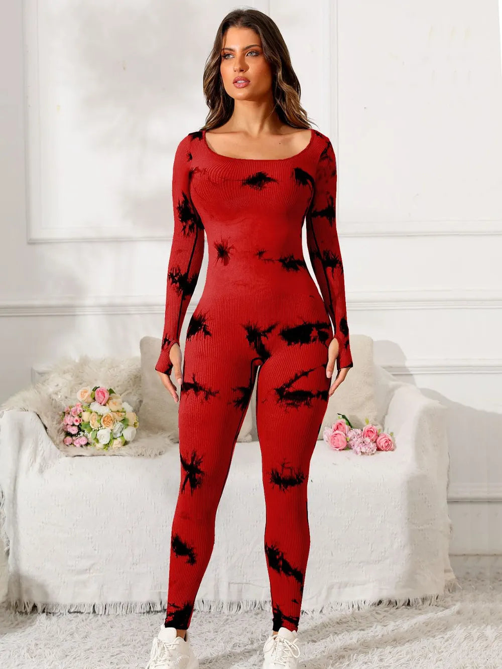 Scoop Neck Long Sleeve Active Jumpsuit - Godess beauty  #