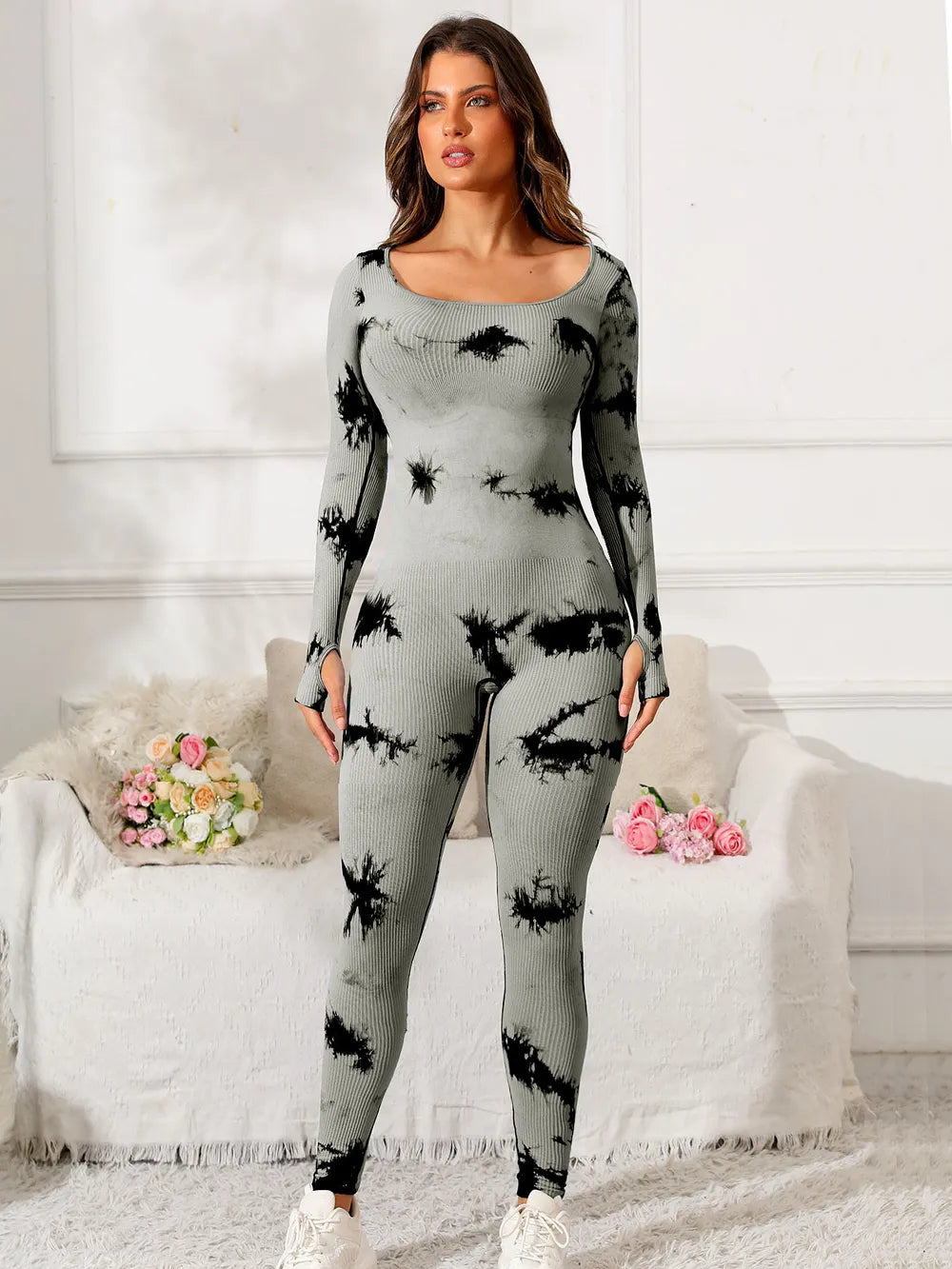 Scoop Neck Long Sleeve Active Jumpsuit - Godess beauty  #