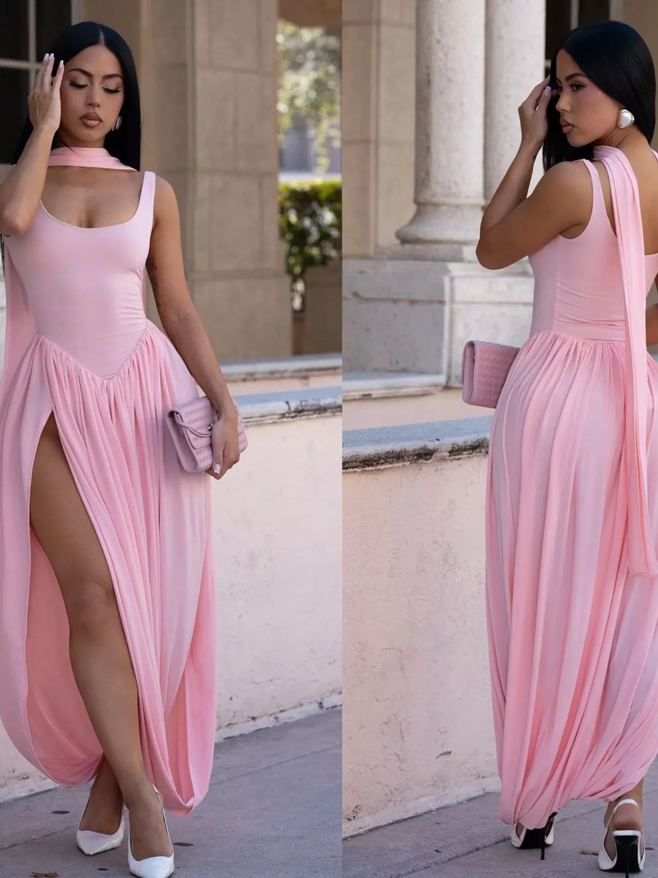 Scoop Neck Slit Maxi Dress - Godess beauty  #