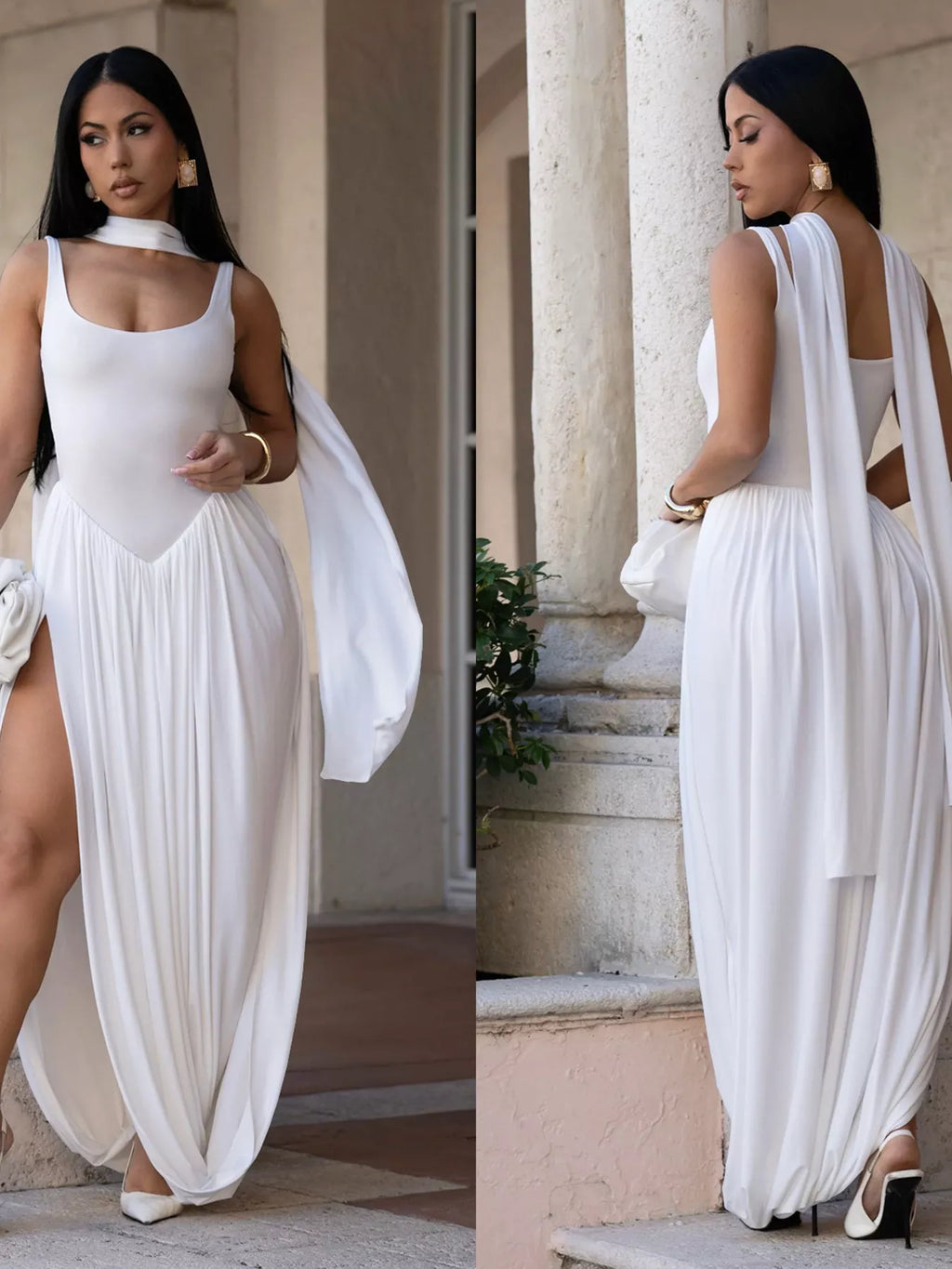 Scoop Neck Slit Maxi Dress - Godess beauty  #