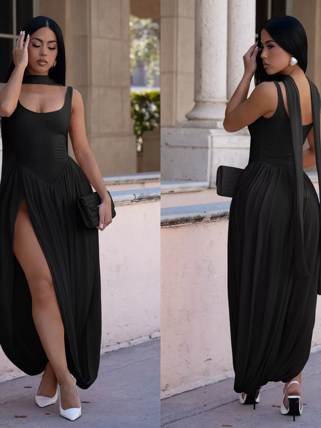 Scoop Neck Slit Maxi Dress - Godess beauty  #