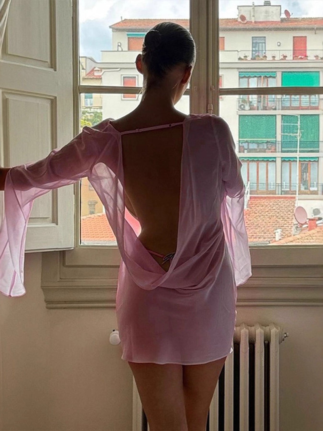 Sheer chiffon plunge mini dress - Godess beauty  #