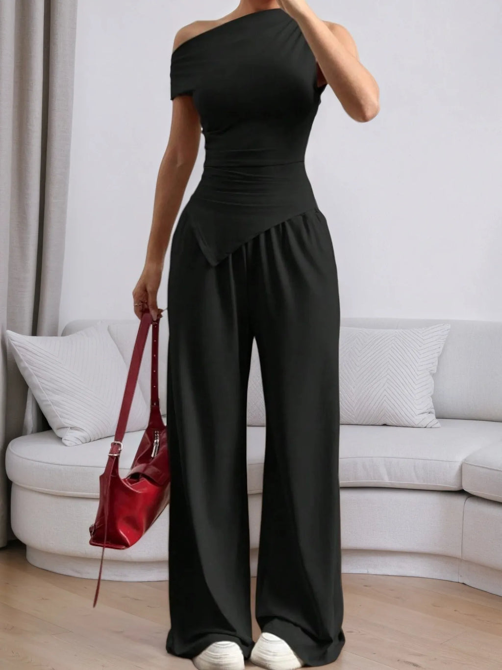 Single Shoulder Top and Pants Set - Godess beauty  #