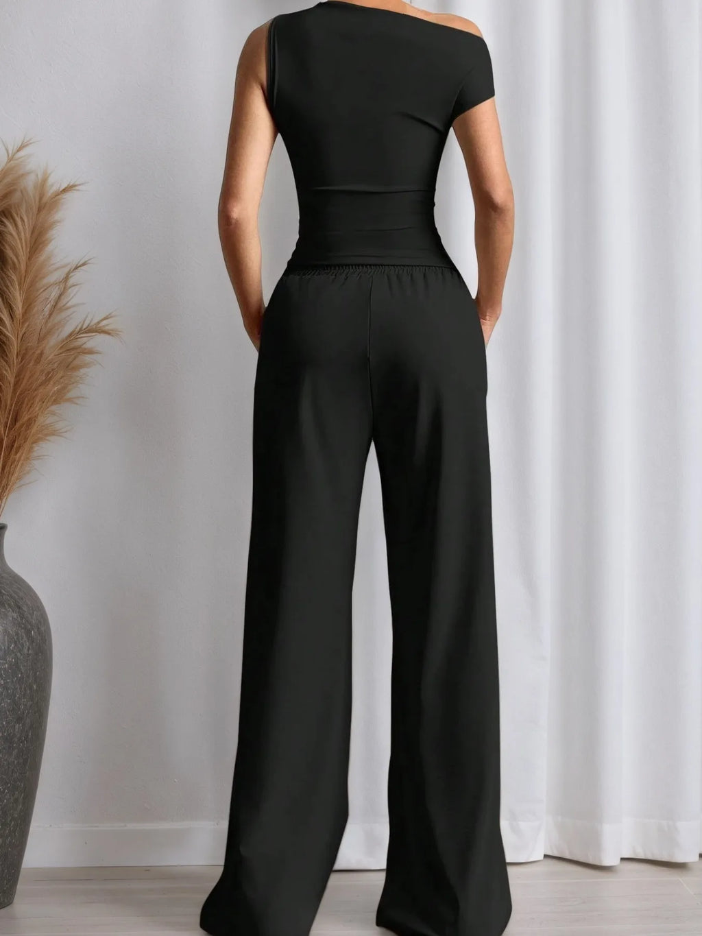 Single Shoulder Top and Pants Set - Godess beauty  #