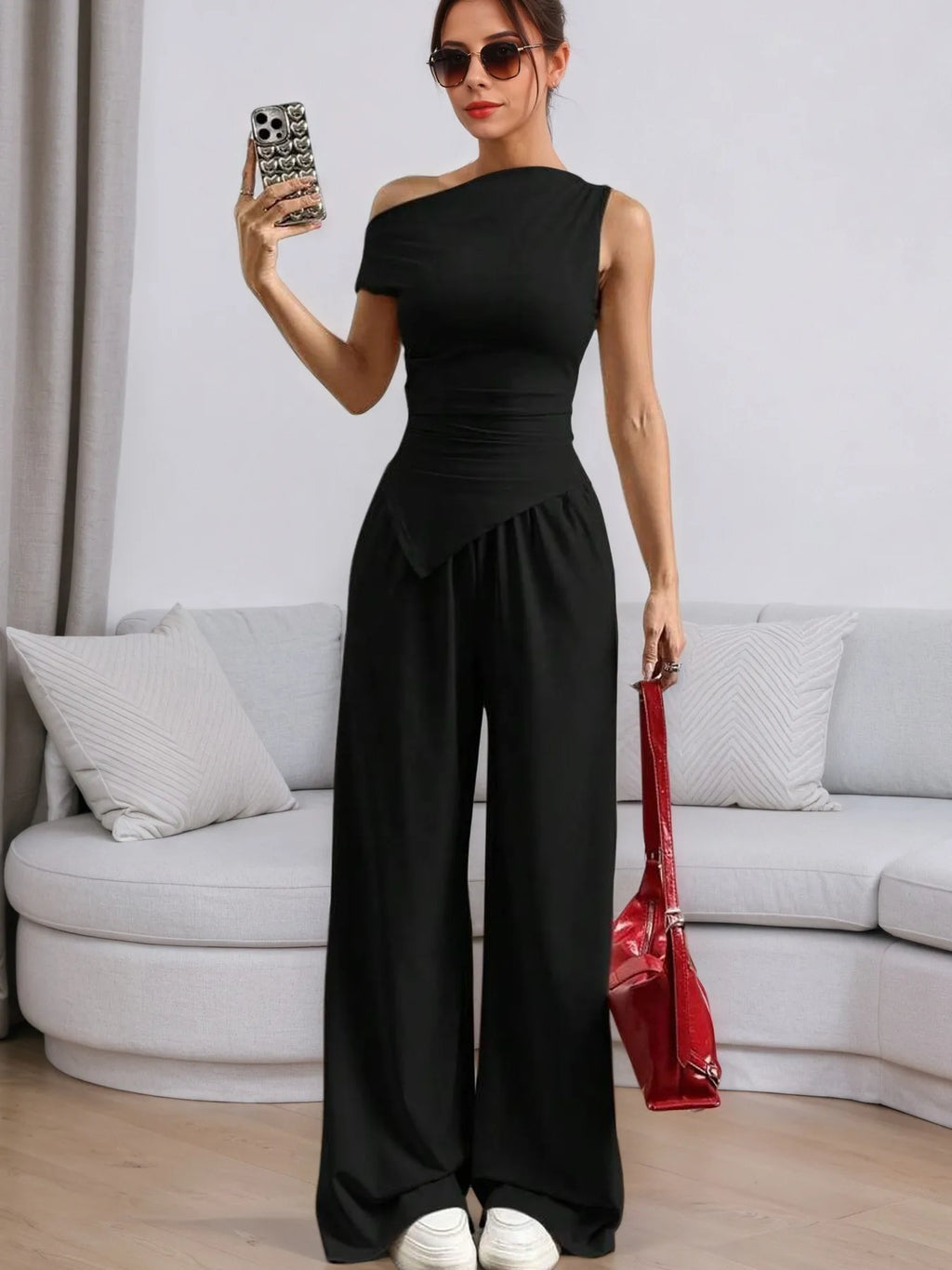 Single Shoulder Top and Pants Set - Godess beauty  #