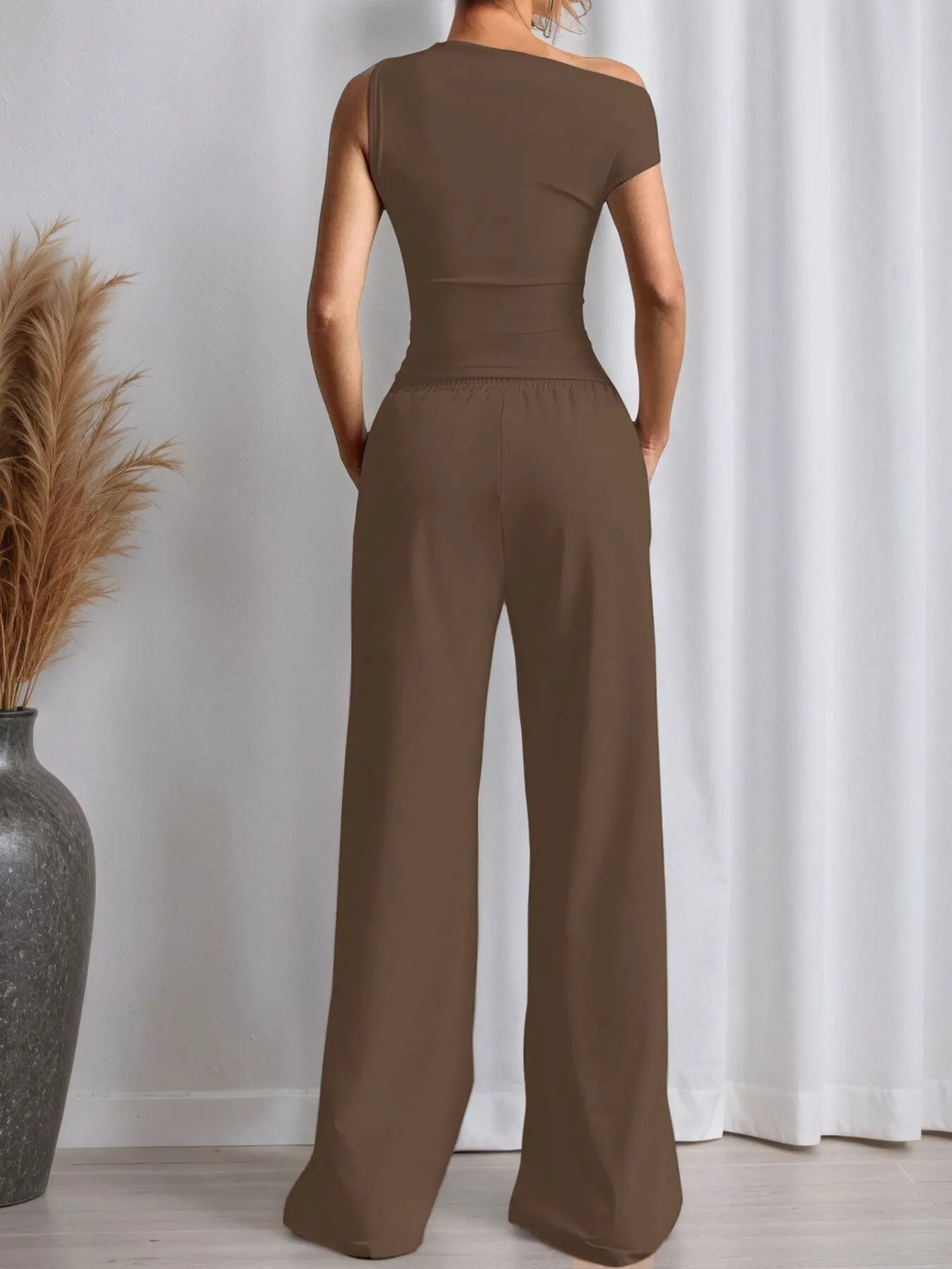 Single Shoulder Top and Pants Set - Godess beauty  #