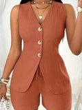 Sleeveless Button-Down Vest & Shorts Set - Godess beauty  #