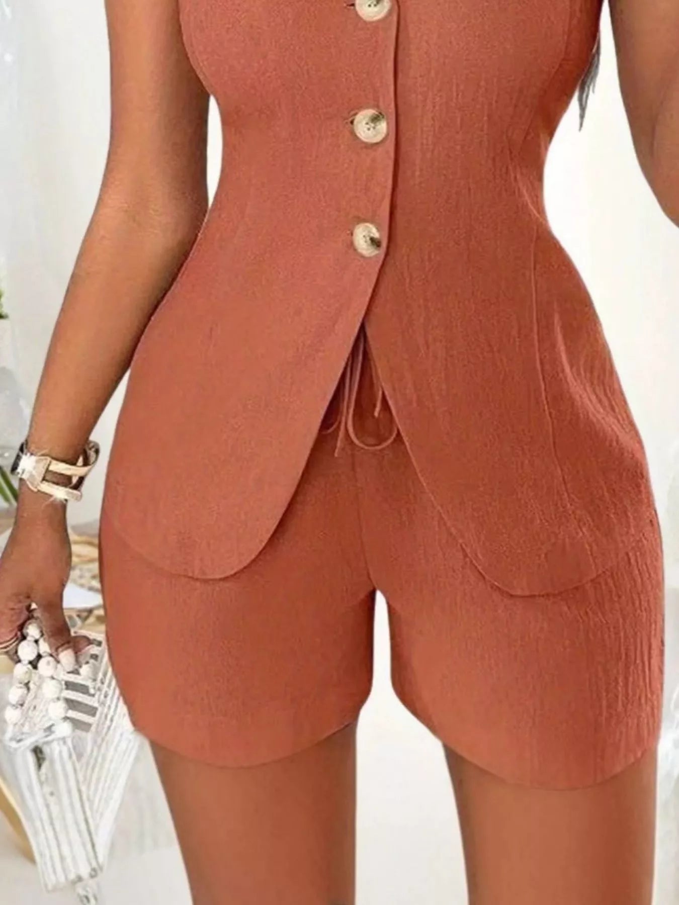 Sleeveless Button-Down Vest & Shorts Set - Godess beauty  #