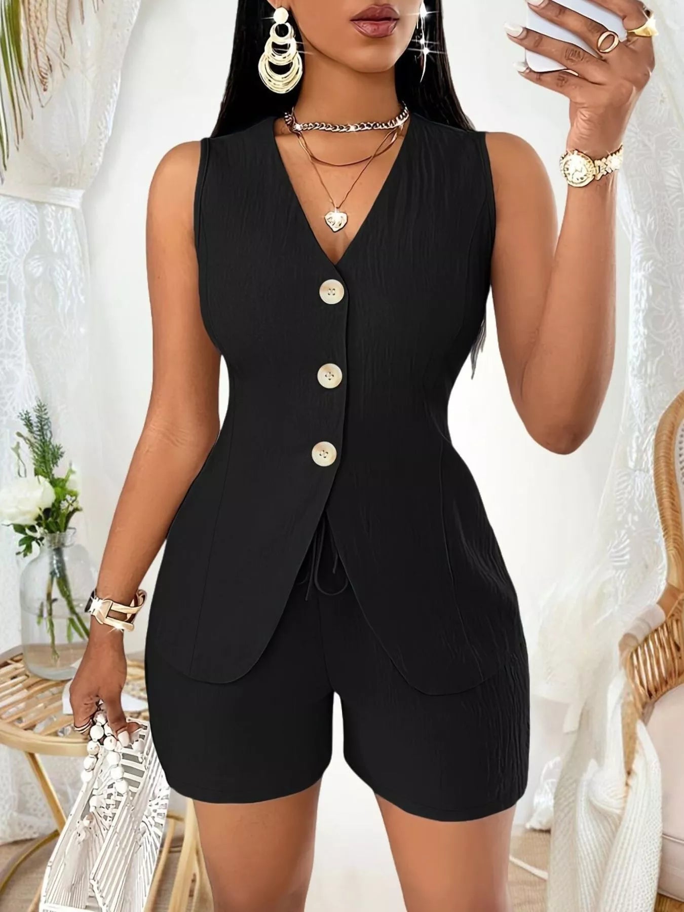 Sleeveless Button-Down Vest & Shorts Set - Godess beauty  #