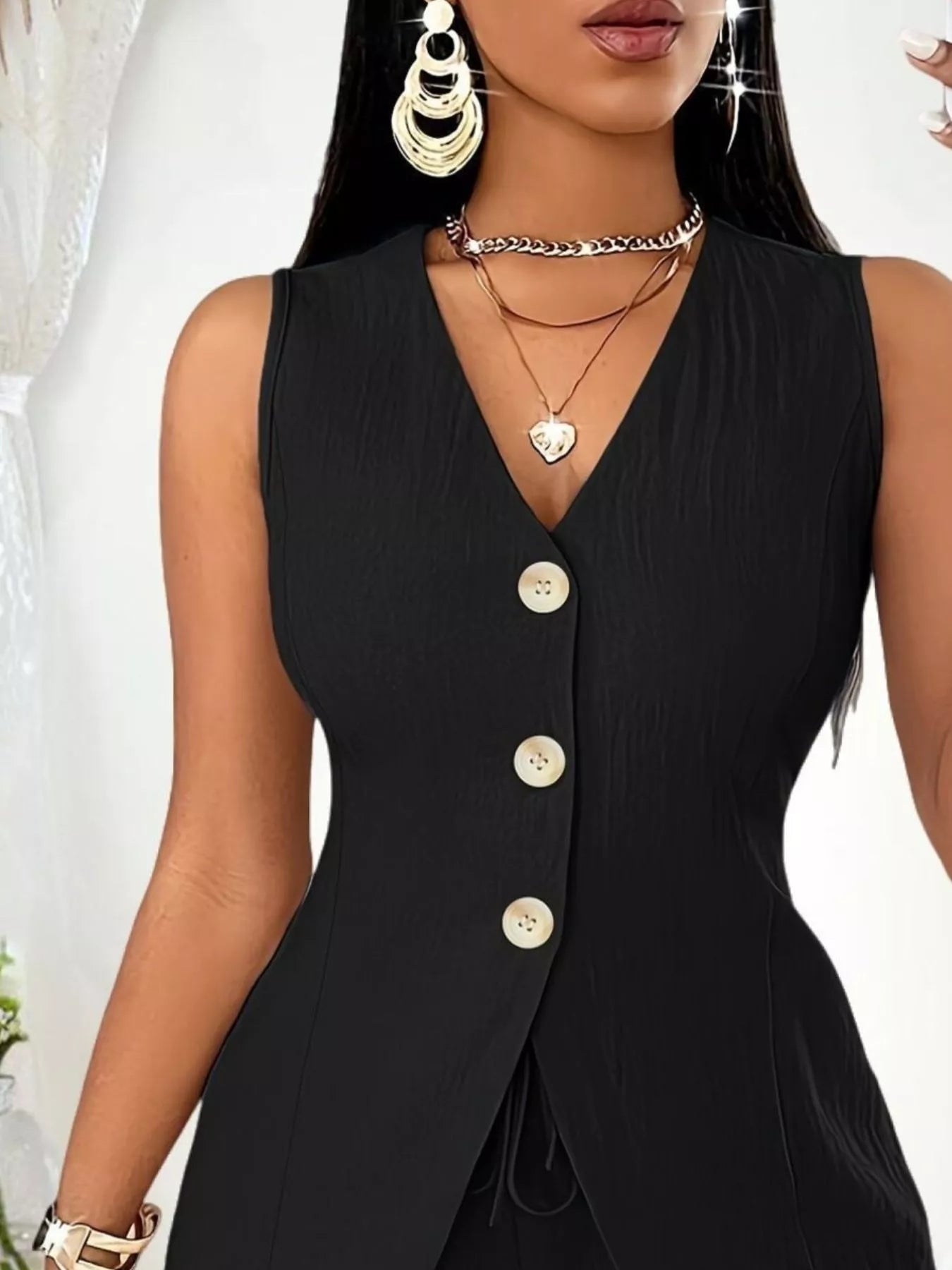 Sleeveless Button-Down Vest & Shorts Set - Godess beauty  #
