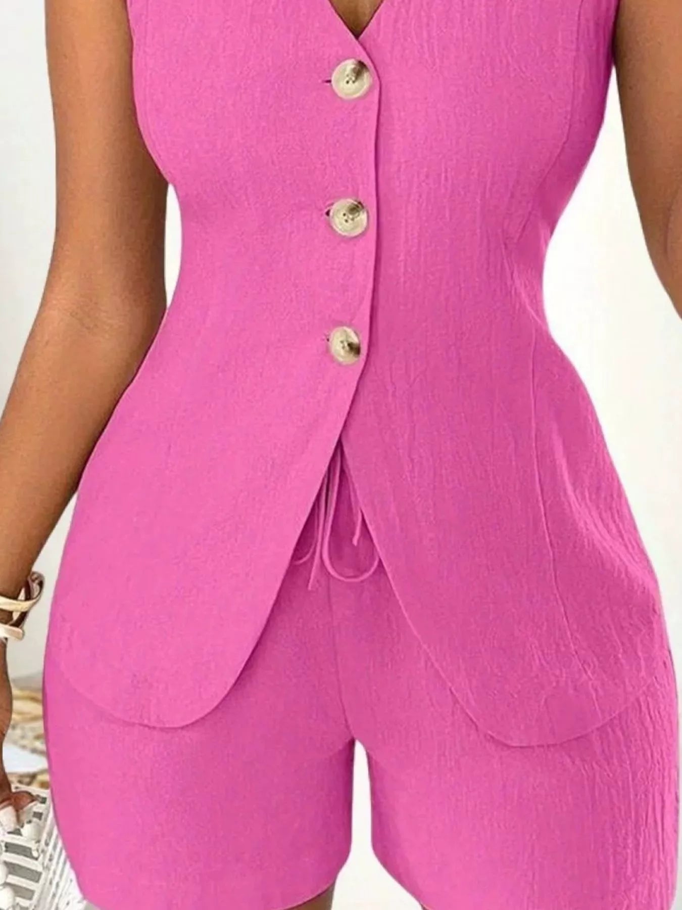 Sleeveless Button-Down Vest & Shorts Set - Godess beauty  #