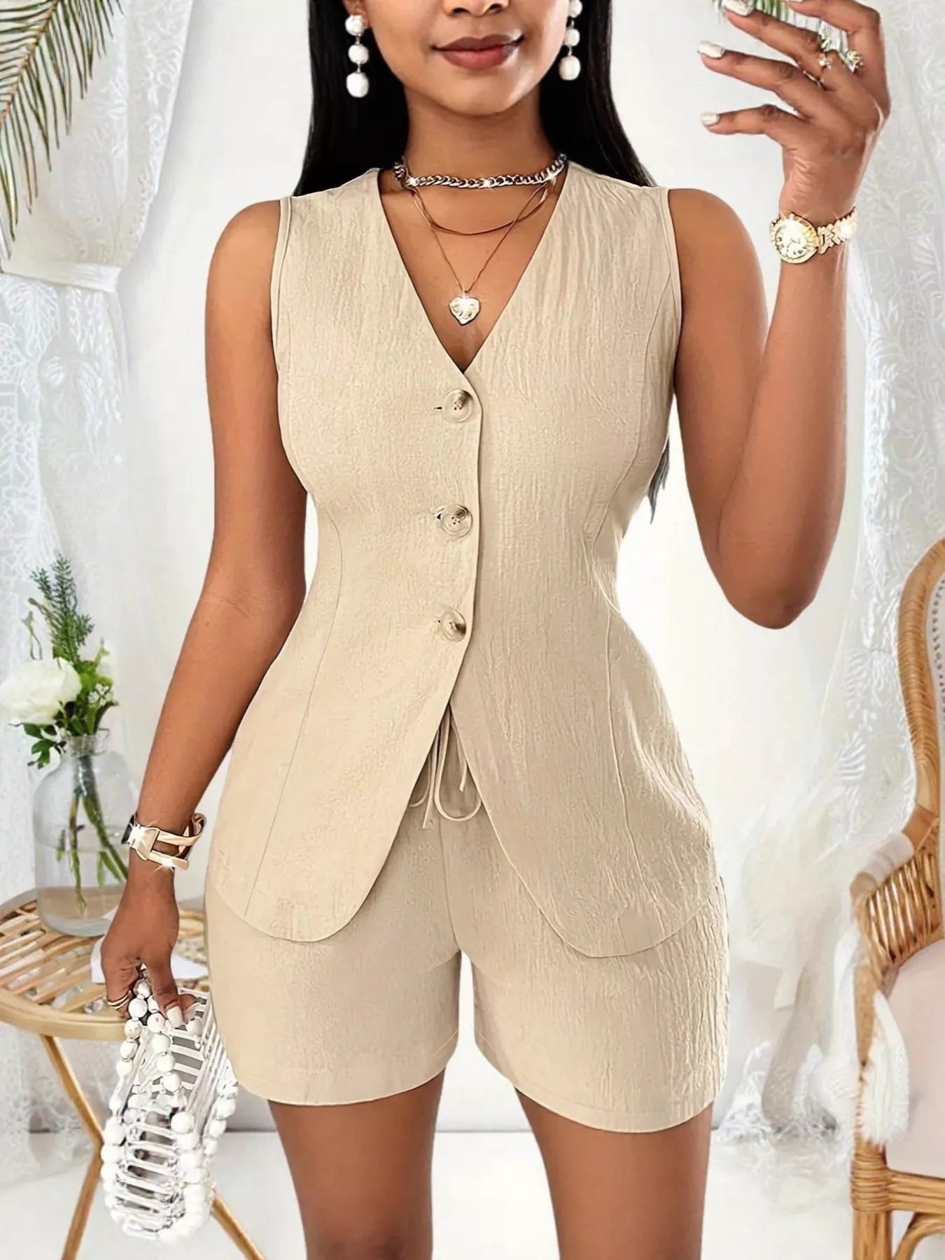 Sleeveless Button-Down Vest & Shorts Set - Godess beauty  #