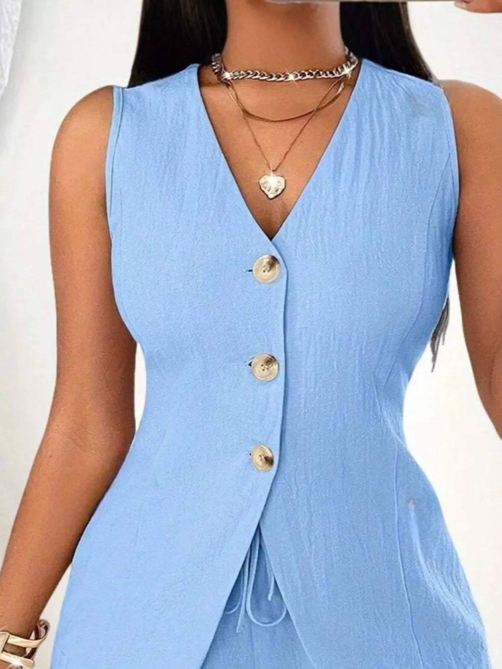 Sleeveless Button-Down Vest & Shorts Set - Godess beauty  #